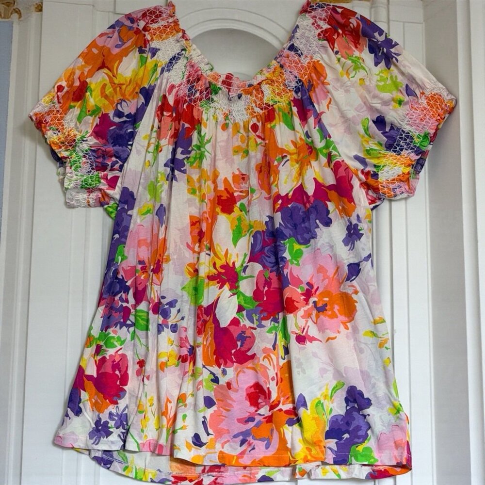 NWT LAUREN RALPH LAUREN Womens Floral Colorful Shirt Top 3XL Smocked Sleeve - Picture 3 of 9